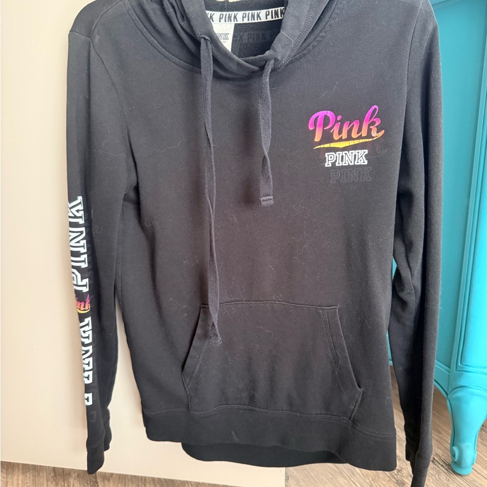 PINK Victoria's Secret Black Hoodie with Multicolor Logo
